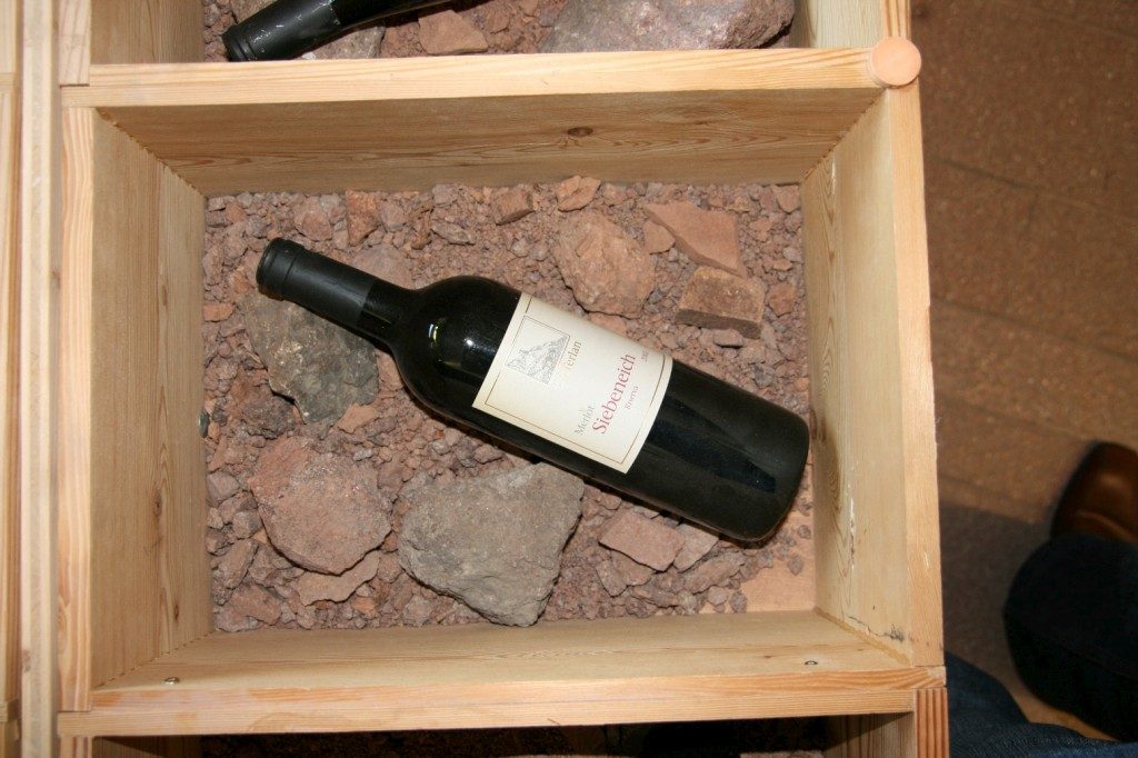 Merlot van de wijngaard Siebeneich met het bijbehorende vulkanische gesteente